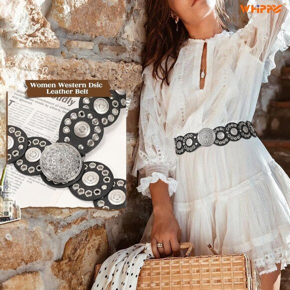 Women Vintage Disc Waist Concho Leather Belt Boho Waist Belt Black Silver Buckle main image 6